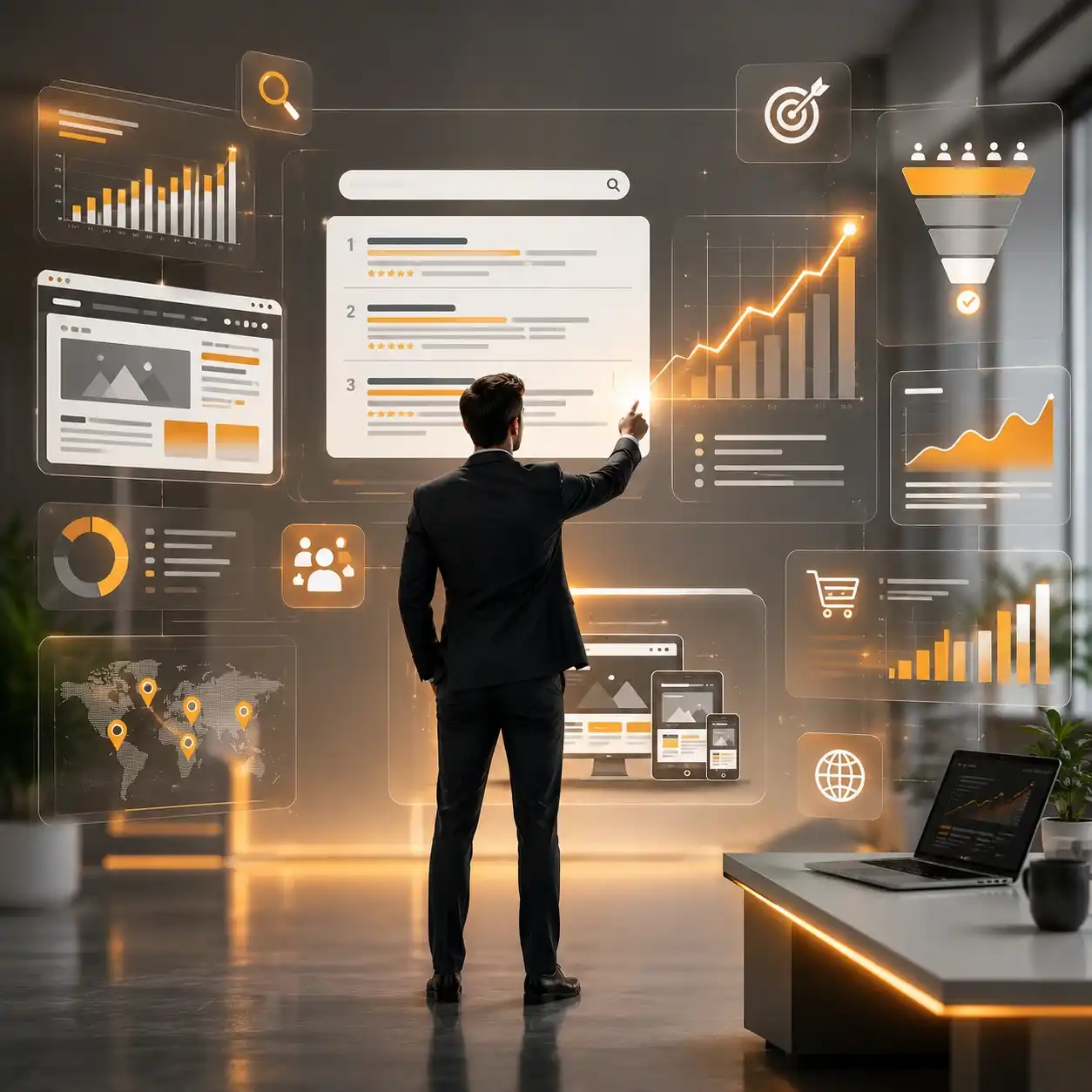 Business professional interacting with futuristic digital dashboards displaying SEO analytics, search rankings, marketing funnels, website performance metrics, and data-driven growth charts in a modern office environment.