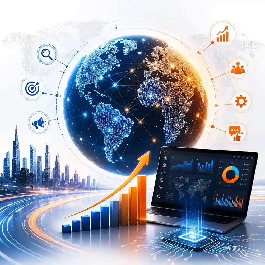 Illustration of global digital marketing and SEO analytics featuring a connected world map, business growth charts, search optimization icons, and a laptop displaying website performance dashboards and data-driven marketing metrics.