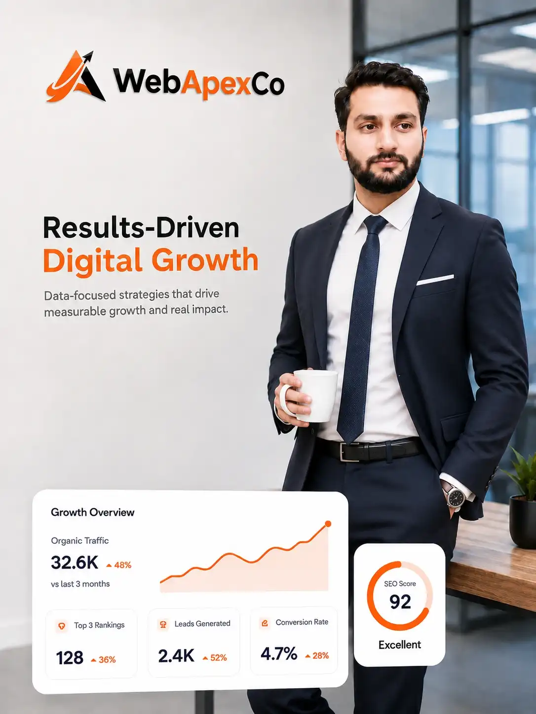 WebApexCo CEO with digital marketing growth dashboard showing SEO performance, organic traffic, leads, and conversion rate metrics.