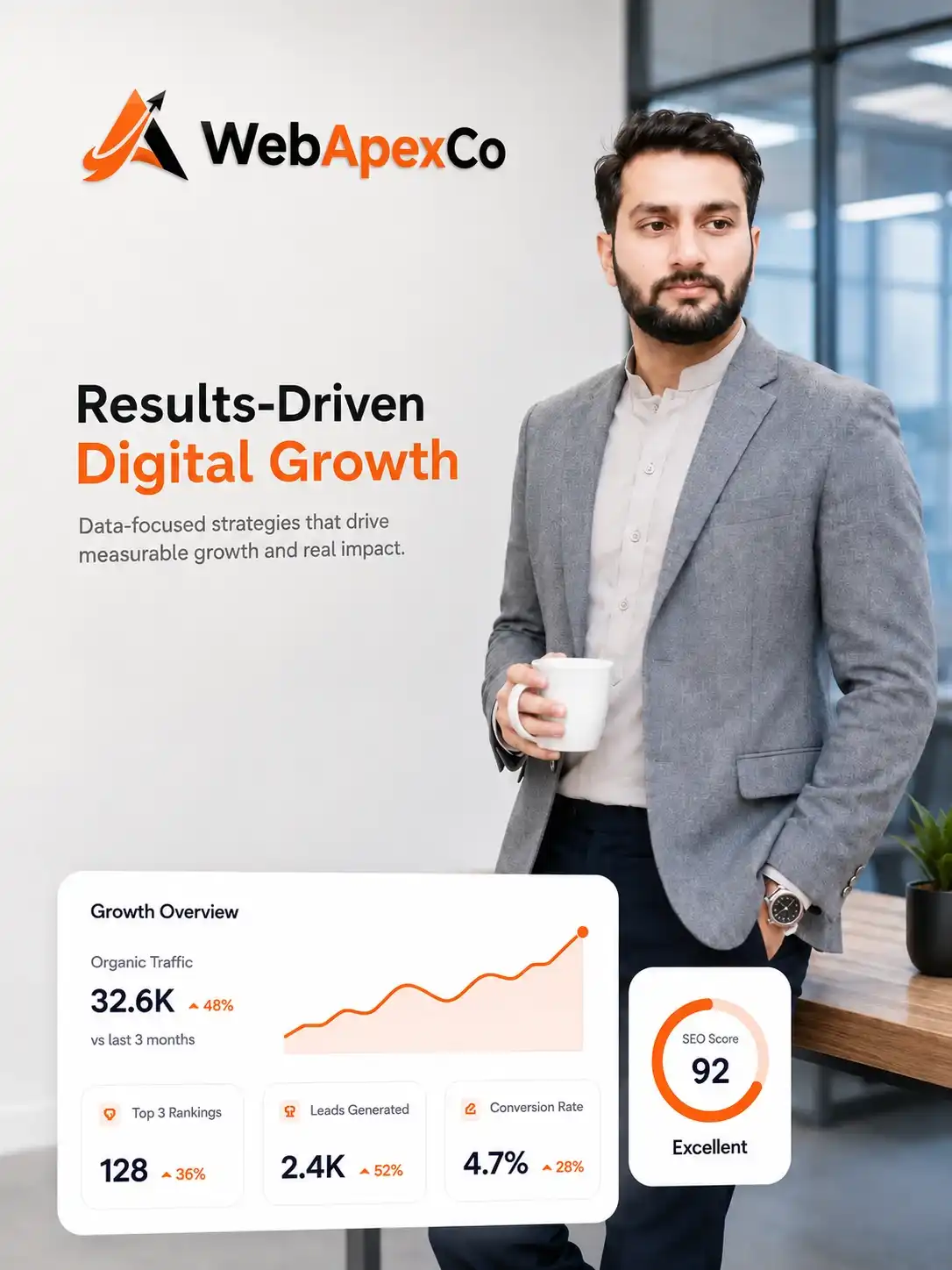 WebApexCo CEO with digital marketing growth dashboard showing SEO performance, organic traffic, leads, and conversion rate metrics.